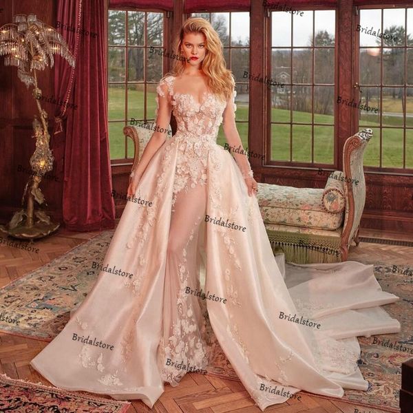 

see through florals mermaid wedding dresses 2021 luxury overskirt train long sleeve princess wedding dress elegant beaded bridal gowns, White