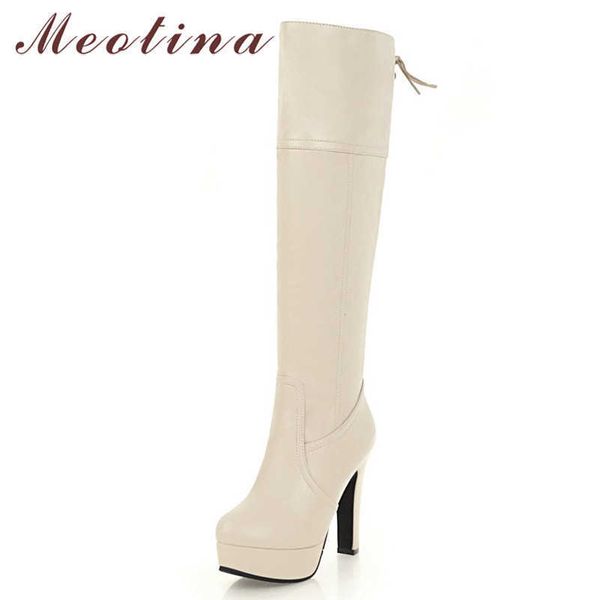 

meotina women boots winter knee high boots lace up platform thick heel long boots extreme high heel shoes ladies fall size 33-45 210608, Black