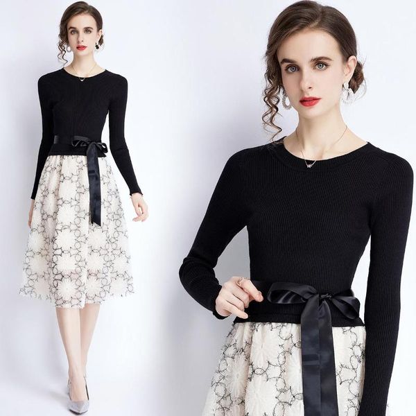 

casual dresses simgent mesh knitting patchwork dress women autumn long sleeve a line elegant party knee length robe femme sg18288, Black;gray