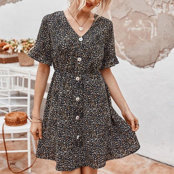 

men's jackets women summer dress 2021 casual v-neck button floral print short sleeve party beach loose mini vestidos#j30, Black;brown