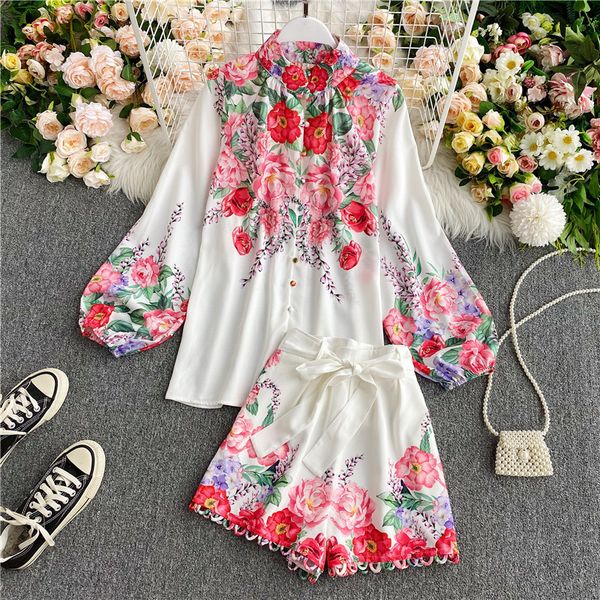 

joints fashionable female parts printed lantern manga + high waist long leg shorts of two pieces summer holiday assembly raaa, Gray