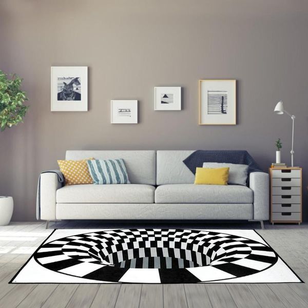 

cushion/decorative pillow 3d swirl visual illusion carpet black white grid bottomless hole floor mat non-slip soft pad fiber rugs living roo