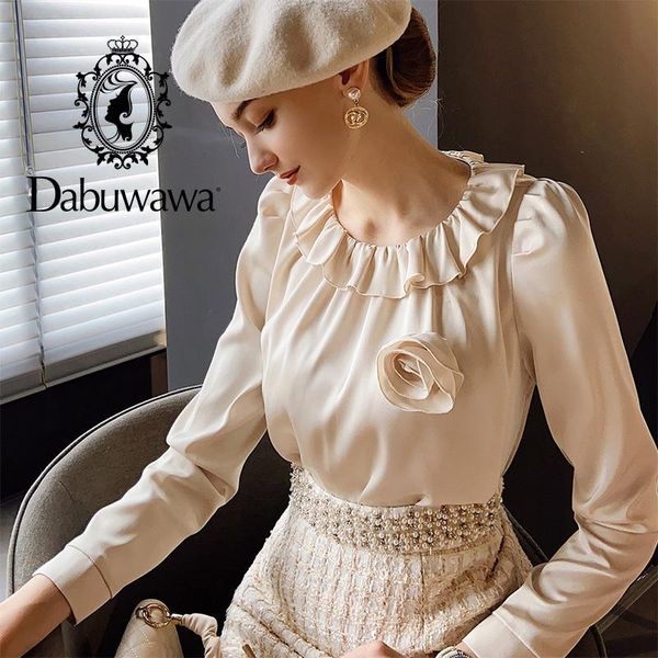 

women's blouses & shirts dabuwawa office lady floral appliques blouse shirt sleeveless female ruffle neck long sleeve blouse-women do1, White