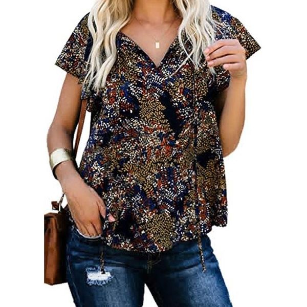 

women's blouses & shirts summer ladies deep v-neck floral print drawstring short-sleeved pullover blouse casual loose pastoral style to, White