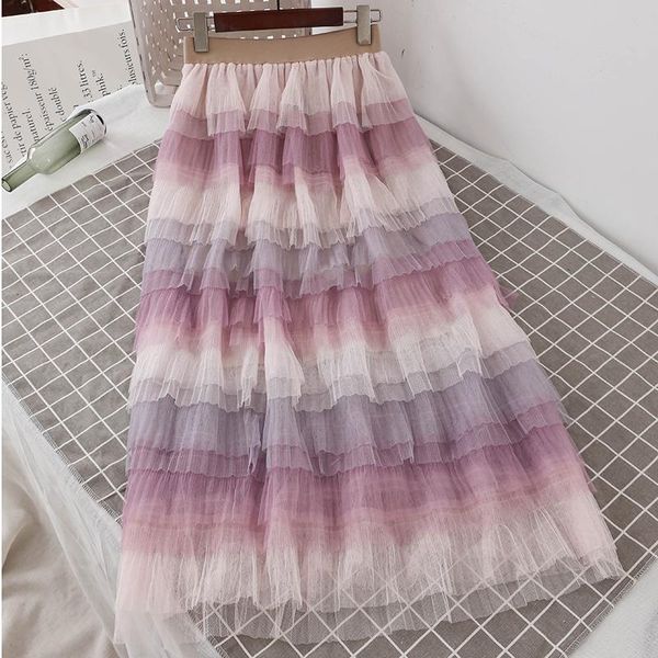 

skirts gowyimmes 2021 spring women midi-long rainbow mesh skirt slim lady elastic waist multi-layer girl pink cake pd282, Black