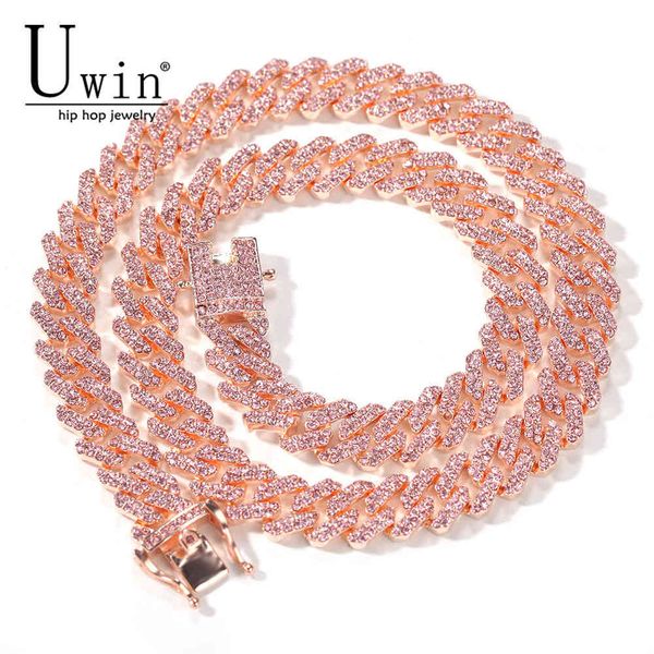 

uwin s-link miami rose gold 12mm cuban link pink rhinestone necklace chain full punk bling charm hiphop jewelry, Silver