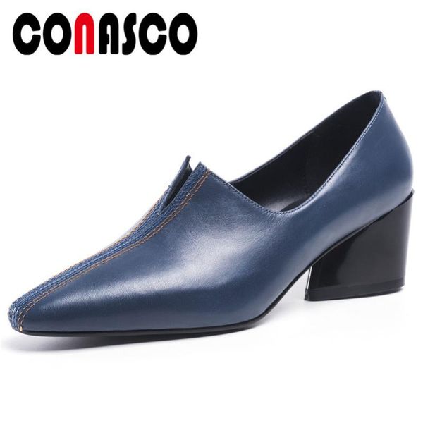 

dress shoes conasco genuine leather pumps for women square heels spring summer prom party solid color casual woman, Black
