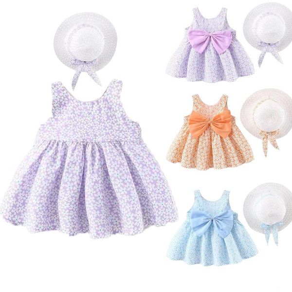 

clothing sets cute princess style summer dress set baby kids girls sleeveless bow flower print dress+hat outfit girl dress#50, White