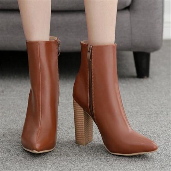 

women's shoes pu slip on square heel 11.5cm pointed toe high heels ankle boots knight boots, Black
