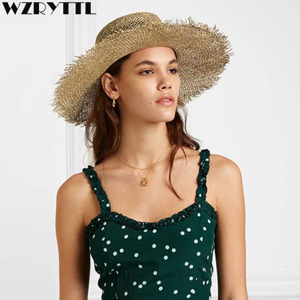 

2021 new fashion fray boater wide brim sun for women natural woven seagrass beach hat cool summer straw hats kentucky derby erci, Blue;gray