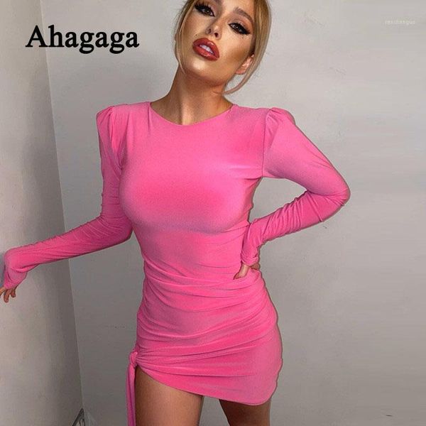 

ahagaga 2021 autumn mini dress women long sleeve bandage o-neck skinny bodycon party dresses female vestidos robes casual, Black;gray