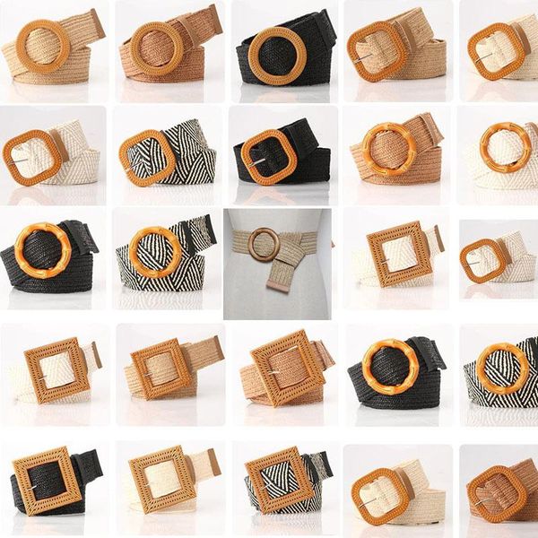 

belts fashion design round wooden buckle dress belt for women casual braided wide strap woven elastic pp straw decoration gift, Black;brown