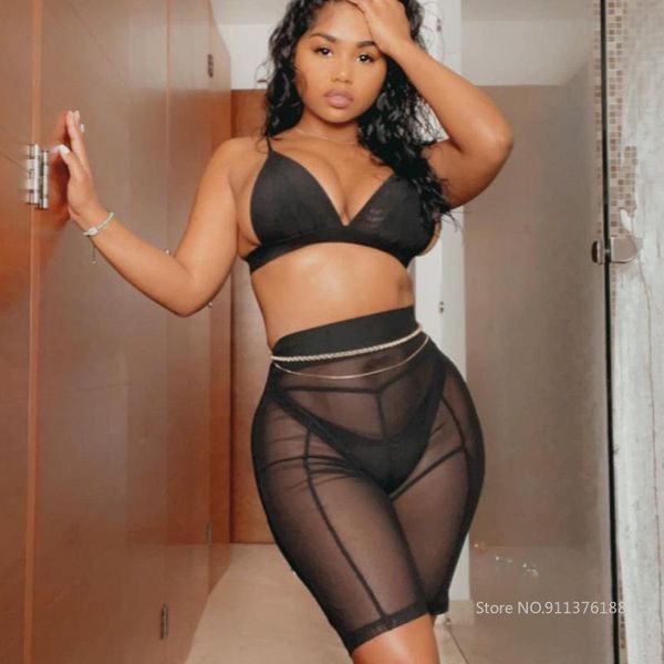 

women's tracksuits ajoc skinng women solid basic two piece sets casual lounge wear mesh see through shorts+bra summer matching set, Gray