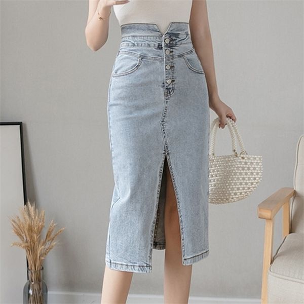 

flectit vintage women denim midi skirt split front mid-calf length buttoned high waist pencil jean skirt *, Black;gray