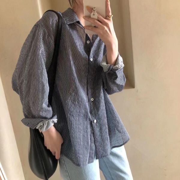 

women's blouses & shirts hzirip 2021 brief chic striped oversize outwear women elegance casual vintage gentle streetwear thin basewear, White