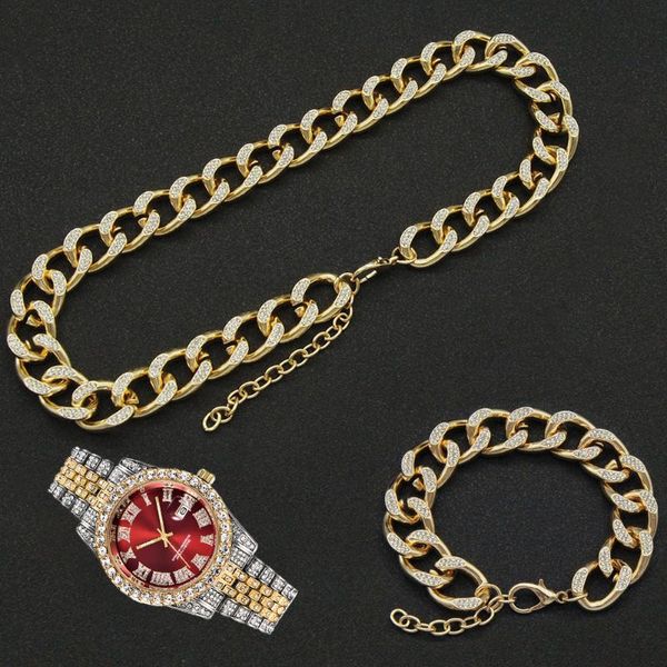 

chains hip hop 16mm 3pcs kit full iced out paved rhinestone choker miami adjustable cuban necklace+watch+bracelet for men women jewelry, Silver