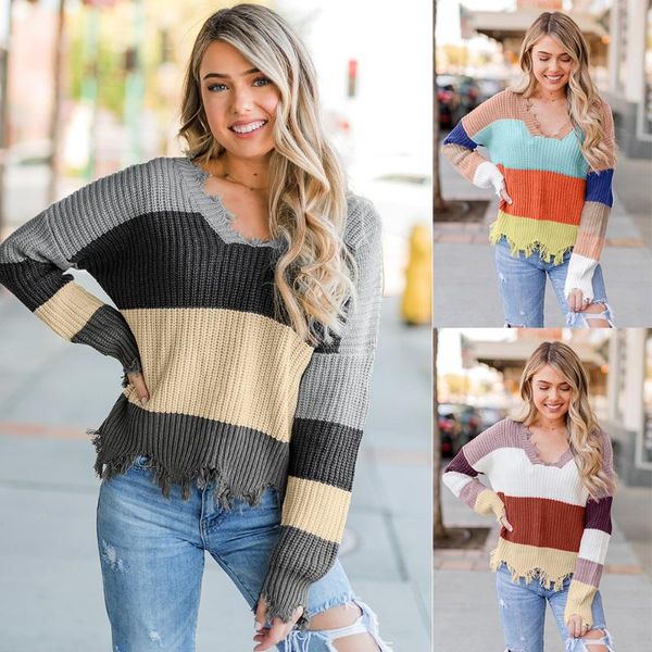 

women's sweaters cotton sweater women winter color matching v-neck long-sleeve striped pullover for, White;black
