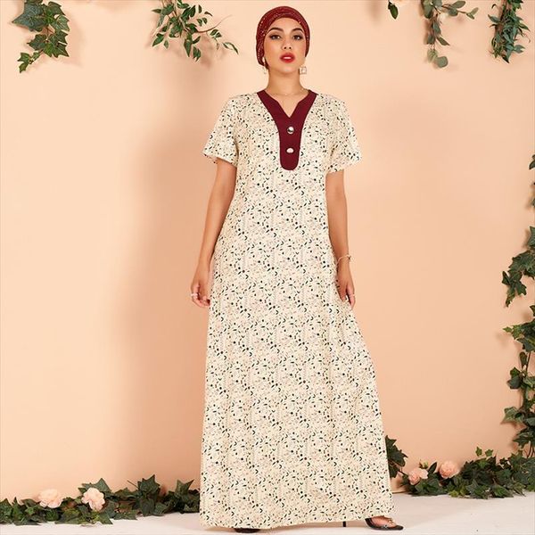 

summer long apricot floral print women dress chiffon vintage v neck short sleeve arab robes loose party maxi dresses, Black;gray