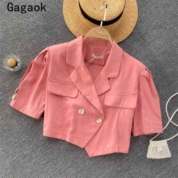 

woman jacket summer solid lapel puff sleeve asymmetric length short jackets slim fashion chic outwear wild coats 210531, Black;brown
