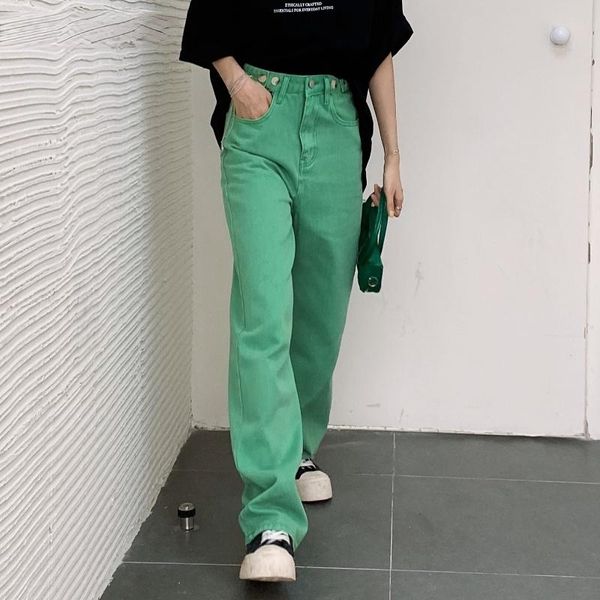 

women's jeans 2021 woman straight long green high waist overlength cotton denim pants female widel-leg floor, Blue