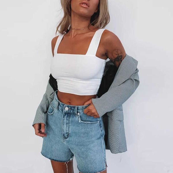 

crop women fashion solid summer beach party vest casual sleeveless square neck bodycon tank ladies short 210526, White