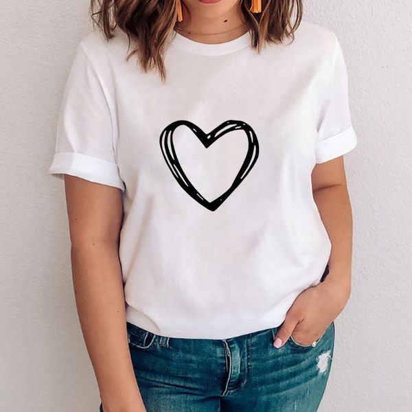 

women's t-shirt heart flower print ladies casual basis o-collar white shirt short sleeve love graphic printing