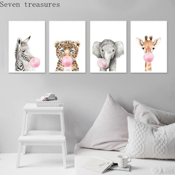 

paintings pink bubble elephant giraffe child poster animal wall art canvas nursery prints painting nordic kid baby room picturedecoration