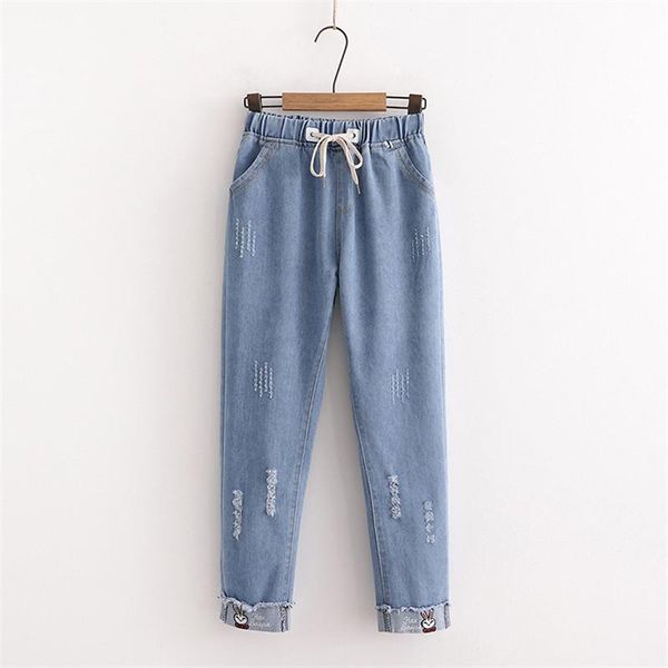 

women's jeans japanese mori harajuku fashion elasitc waist pants clothes, Blue