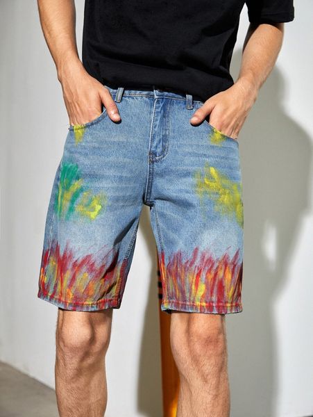 

men brush print slant pocket cat scratch denim shorts x6d1#, Blue