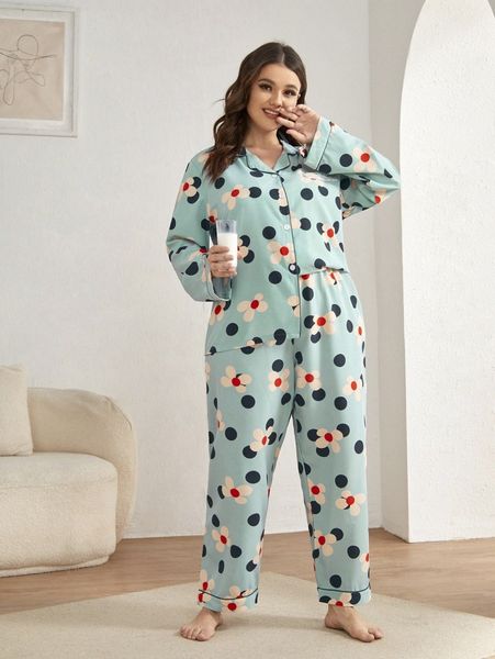 

plus polka dot & floral print pj set n7on#, Black;white