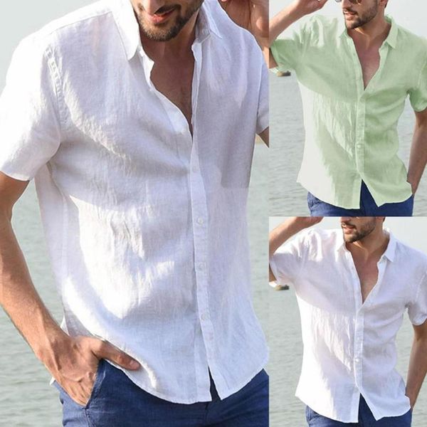 

casual summer men solid color turn-down collar button short sleeve shirt blouse casual breatnable comfortable fashion clothing1, White;black