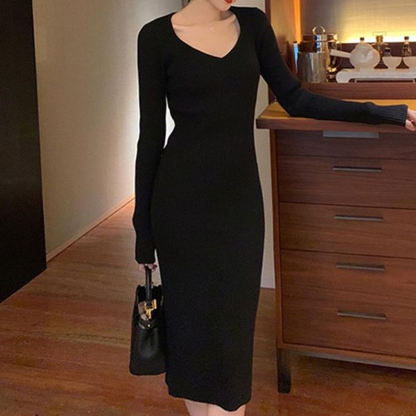 

casual dresses 2021 french vintage minority slim knitted maxi autumn winter long sleeve bodycon dress women clothes robe femme, Black;gray
