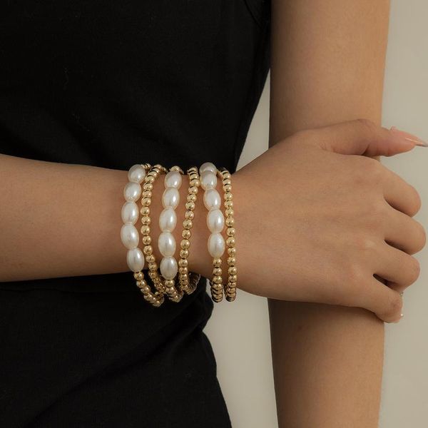 

charm bracelets 1set simple ins imitation pearl geometric round gold silver color beads metal bracelet for women chic bangle jewelry gifts, Golden;silver