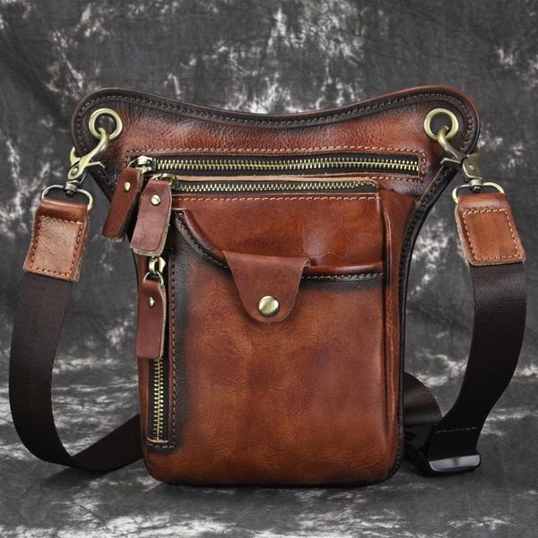 

waist bags genuine leather leg drop vintage male shoulder bag first layer cowhide men hip bum fanny belt pack