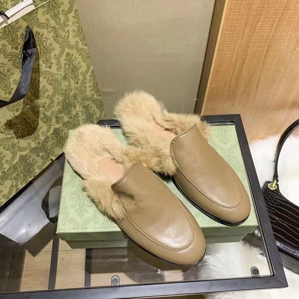 

Women designers Rabbit hair slippers Womens winter to keep warm plush slipper Cowhide velvet Wool slides Wholesale high quality, Black