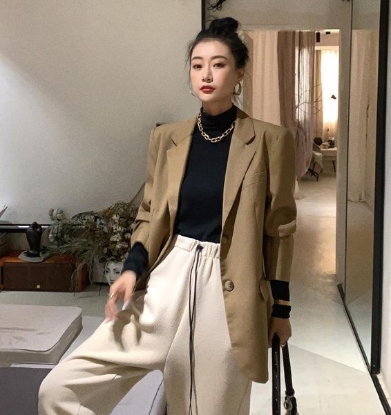 

new suits female vintage autumn notched collar plaid women blazer breasted jacket casual pockets womens suits coat blazers, White;black