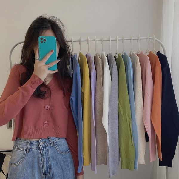 

women's knits & tees chic candy color v neck single breasted sweaters women fall 2021 simple long sleeve cardigan sweet casual elastic, White