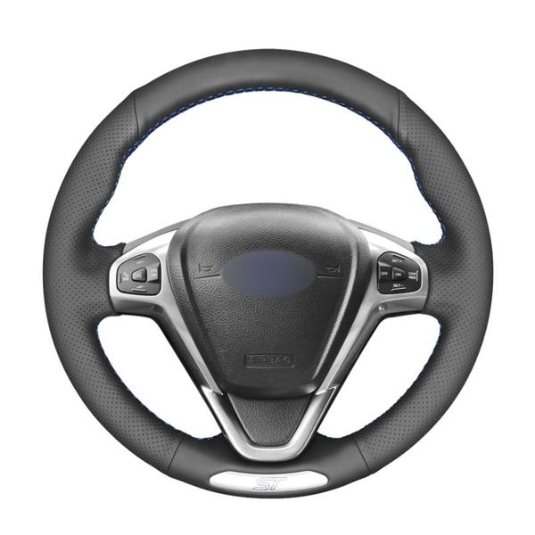 

steering wheel covers hand-stitched black pu artificial leather car cover for fiesta st 2012 2013 2014 2021