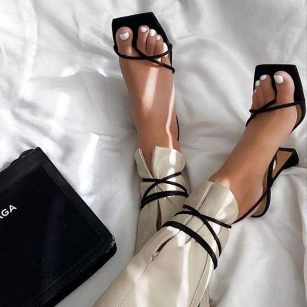

sandals 2021 arrivals clip toe narrow band fashion women slides thin high heels cross strap lace up solid color pumps, Black