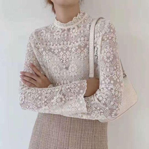 

women 2021 spring autumn elegant white lace blouse shirt female hollow out embroidery blouse elegant long sleeve s274