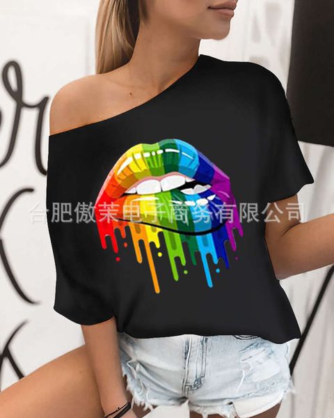 

lzq1297f new women's lip print short sleeve t-shirt, White