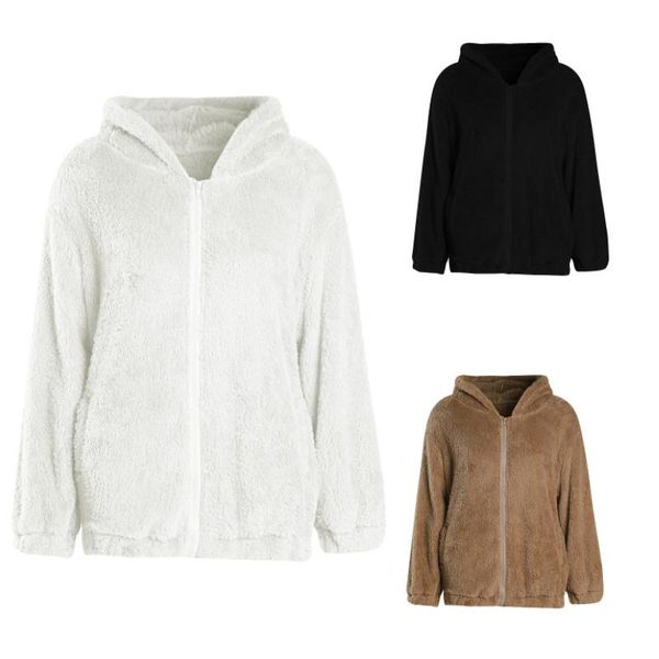 

women's jackets female coat, solid color long sleeve warm hooded jacket with pocket and zipper for fall winter, white/black/coffee, Black;brown