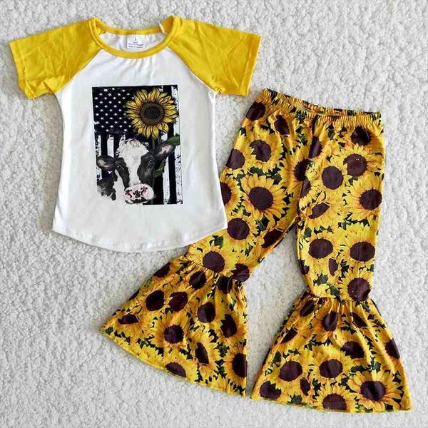 

ready to ship girl short sleeve outfit kids cute cows print shirt sunflowers bells infants stitching clothing set, White