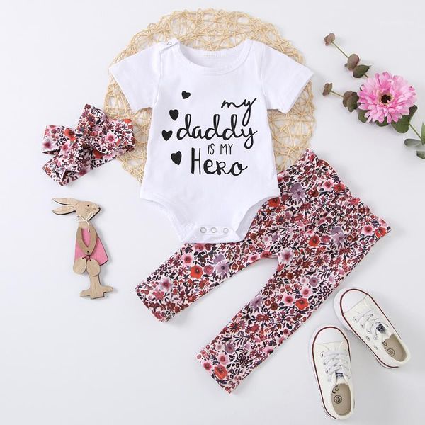 

infant baby girls 3 pcs outfits suits short sleeve letter printed romper floral long pant headband sets est clothing1, White