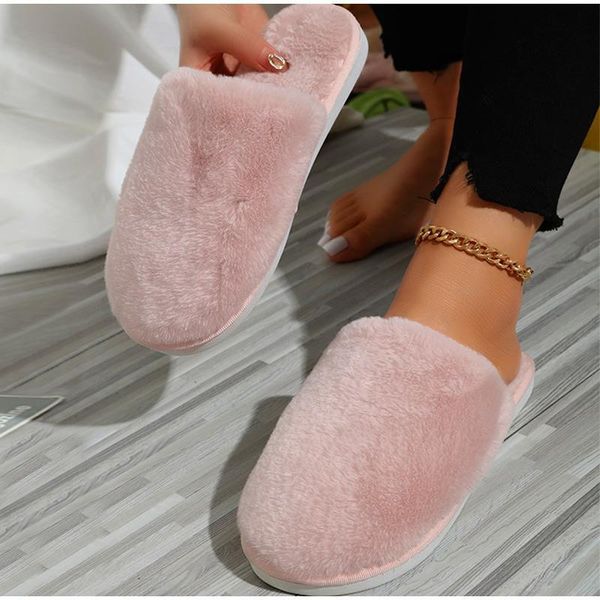 

slippers warm furry women winter woman indoor flat house shoes soft plush comfort female slipper casual non slip faux fur slides, Black