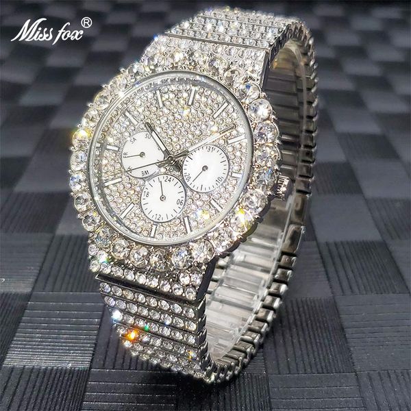 

wristwatches chronograph reloj hombre missfox men watches ice out diamond gold quartz watch waterproof hour dro, Slivery;brown