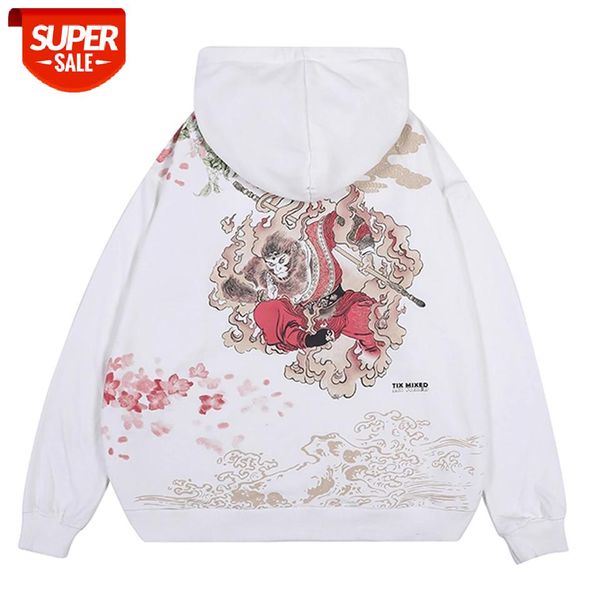 

Hip Hop Streetwear Hoodie Sweatshirt Autumn Sweatshirt Hooded Pullover Chinese Kanji Monkey King Printed Harajuku Hoodie Cotton #jP7C, Black