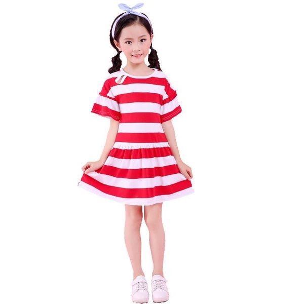 

girl's dresses 2021 summer fashion girls dress pure cotton elastic force stripe lotus longuette kid clothes party children clothing, Red;yellow