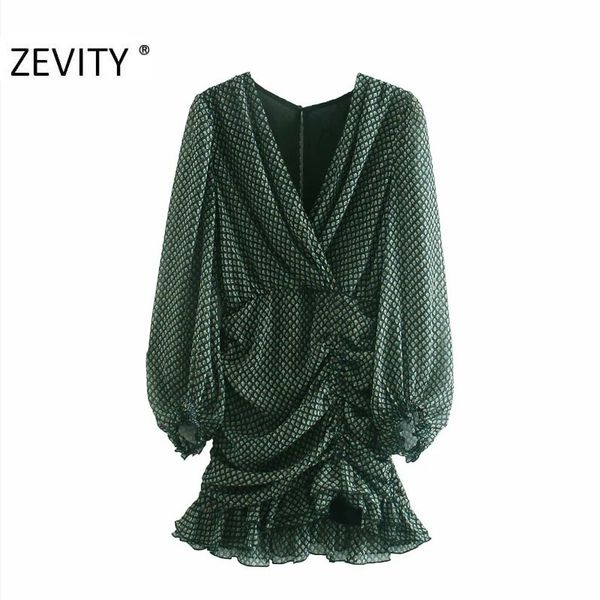 

zevity autumn women v neck metallic color line print pleated dress ladies chic lantern sleeve hem ruffle business vestido ds4562 210306, Black;pink