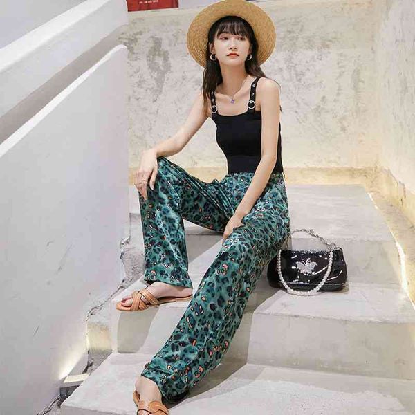 

women's pants & capris green leopard satin summer trousers women high waist slacks flowy long pant korean streetwear 085n, Black;white